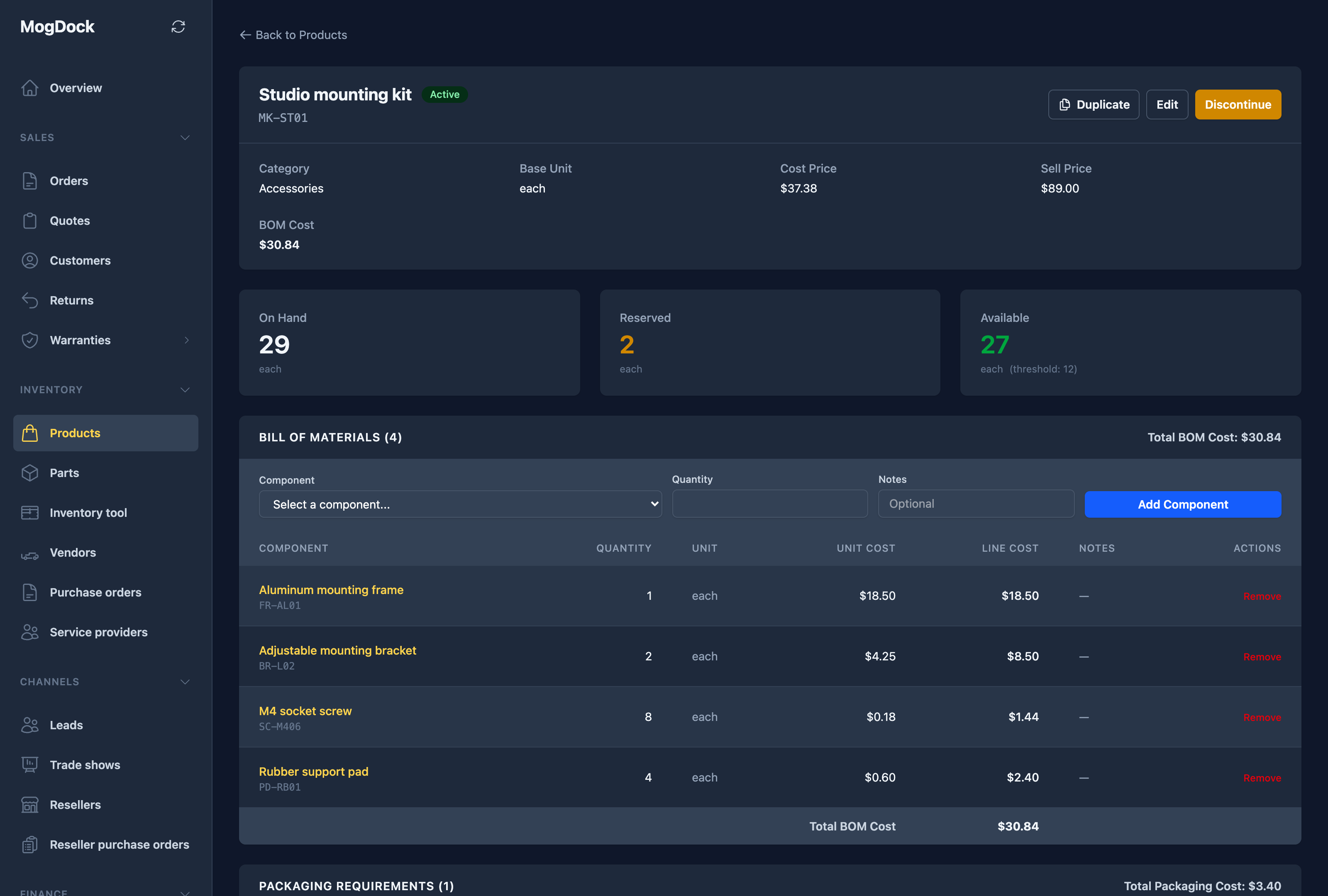 MogDock product view with its bill of materials, component quantities and costs.
